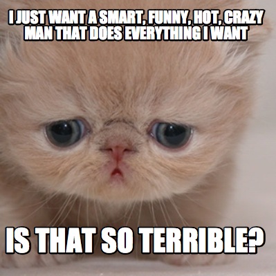 Meme Maker - I just want a smart, funny, hot, crazy man that does everything I want Is that s Meme Generator! Meme Maker - I just want a smart, funny, hot, crazy man that does everything I want Is that s Meme Generator!