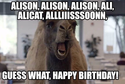 Meme Maker - Alison, Alison, Alison, Ali, Alicat, Allliiisssoonn, Guess what, happy Birthday! Meme Generator! Meme Maker - Alison, Alison, Alison, Ali, Alicat, Allliiisssoonn, Guess what, happy Birthday! Meme Generator!
