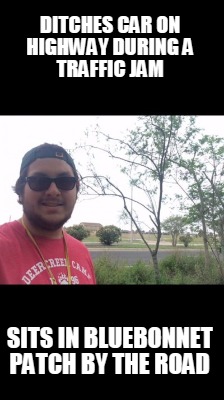 ditches-car-on-highway-during-a-traffic-jam-sits-in-bluebonnet-patch-by-the-road